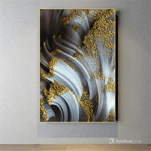 Abstract Painting With Gray And Gold Wavy Textures And Gold Specks In Gold Frame 3d model 