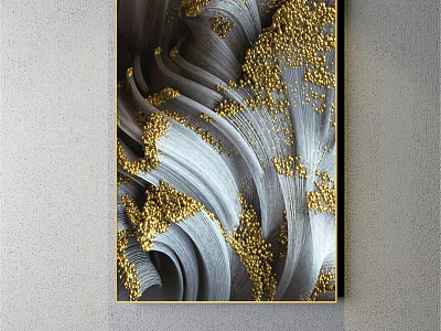 Abstract Painting With Gray And Gold Wavy Textures And Gold Specks In Gold Frame 3d model