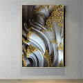 Abstract Painting With Gray And Gold Wavy Textures And Gold Specks In Gold Frame