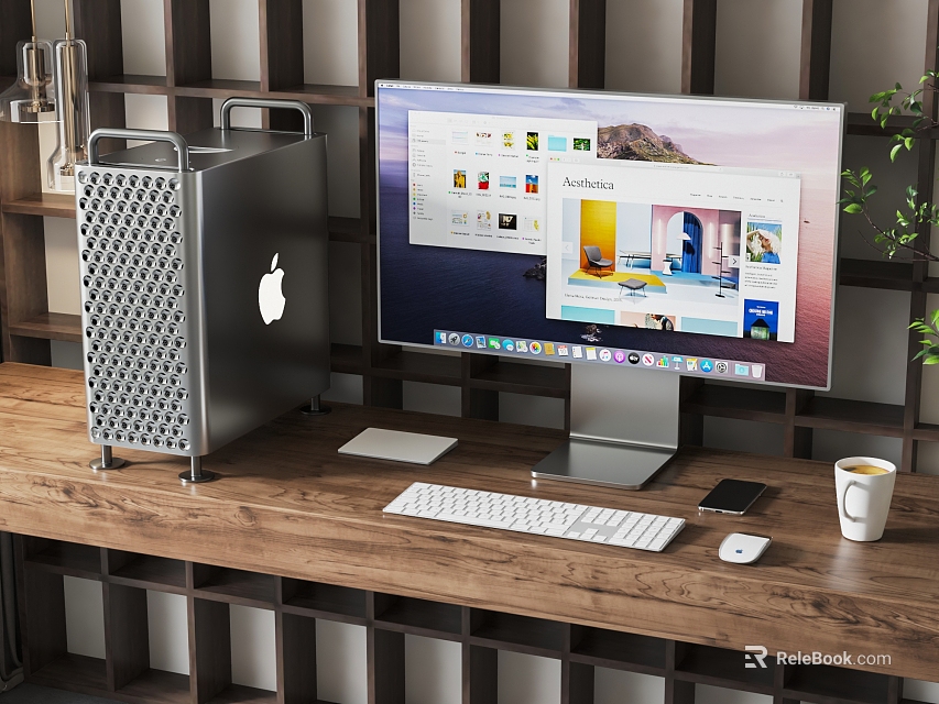 Modern Computer Workstation With Apple Mac Pro Tower Monitor Keyboard Mouse On Wooden Desk 3d model 