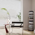 Modern Leisure Chair with Side Table White Blinds Green Plant Table Lamp and Book Shelf