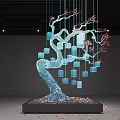 Blue Tree Shaped DP Installation With Hanging Blue Cubes And Floral Decorations