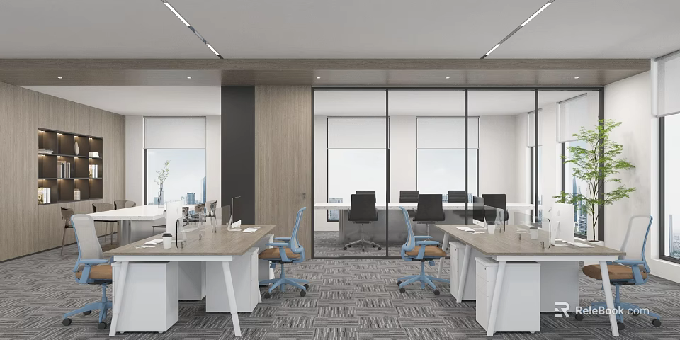 Modern Open Public Office Space Interior Design With Office Desks Ergonomic Chairs And Glass Partitions 3d model 