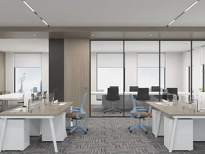 Modern Open Public Office Space Interior Design With Office Desks Ergonomic Chairs And Glass Partitions 3d model