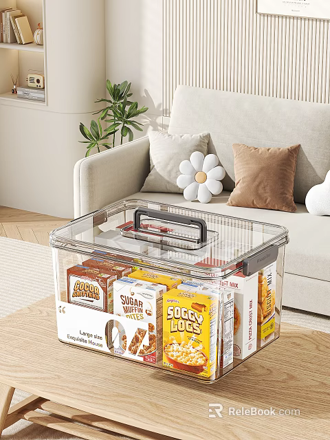 Transparent Plastic Storage Bin Organizing Cereal Boxes In Living Room With Sofa 3d model 