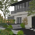 Modern Courtyard Garden With Surrounding House Lush Green Plants Outdoor Seating And Stone Steps