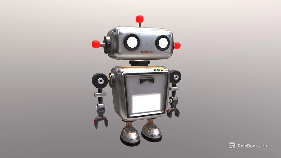 Vintage Metallic Robot Character With Big Eyes Red Buttons And Mechanical Arms 3d model 