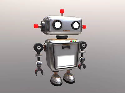 Vintage Metallic Robot Character With Big Eyes Red Buttons And Mechanical Arms 3d model