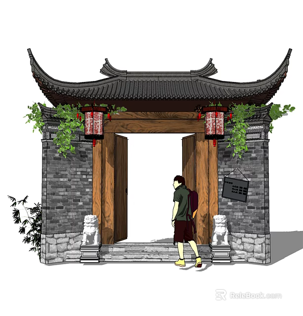 Traditional Chinese Style Entrance Gate With Tiled Roof Red Lanterns And Stone Lions 3d model 