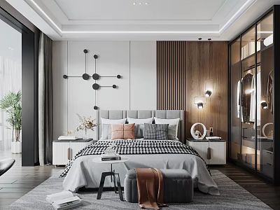 Modern Bedroom Interior Design With Grey Headboard Wooden Accent Wall And Geometric Decor 3d model