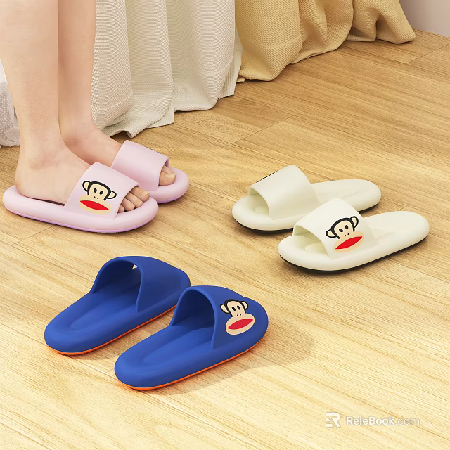 Comfortable Casual Slippers with Pink White and Blue Monkey Design 3d model 