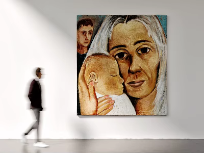 Figure Painting Of Woman Holding Baby With Background Figure On White Wall Person Walking Nearby 3d model