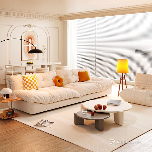 Modern Living And Dining Room With White Sofa Decorative Pillows Dining Table And Floor Lamp 3d model 
