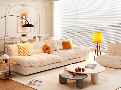 Modern Living And Dining Room With White Sofa Decorative Pillows Dining Table And Floor Lamp 3d model