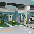 Modern Electric Vehicle Parking Lot With Charging Stations And Green Flooring