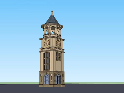 Light Brown Clock Tower With Black Spire Top Arched Windows And Blue Sky Background 3d model