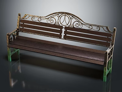 Outdoor Bench with Ornate Metal Frame Wooden Seat Backrest Green Legs Decorative Design 3d model