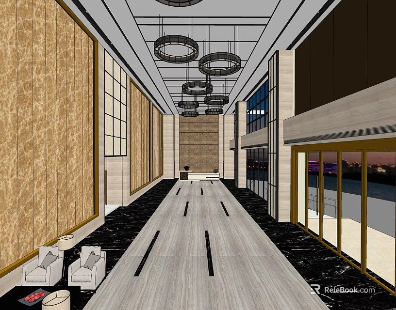Elevator Hallway With Wooden Panel Walls Round Pendant Lights Light Wood Flooring And Black Stripes 3d model 
