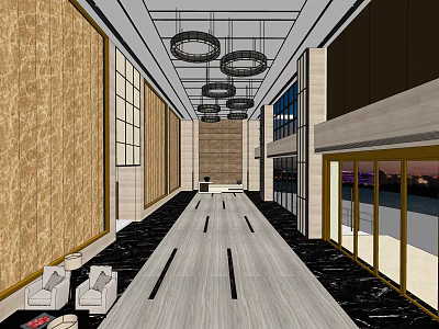 Elevator Hallway With Wooden Panel Walls Round Pendant Lights Light Wood Flooring And Black Stripes 3d model