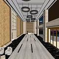 Elevator Hallway With Wooden Panel Walls Round Pendant Lights Light Wood Flooring And Black Stripes