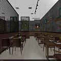 Modern Restaurant Interior With Brick Wall Wooden Planters Lantern Style Lights And Dining Tables Chairs