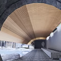 Modern Curved Pergola Design With Wooden Grille Roof Marble Walls And Water Feature