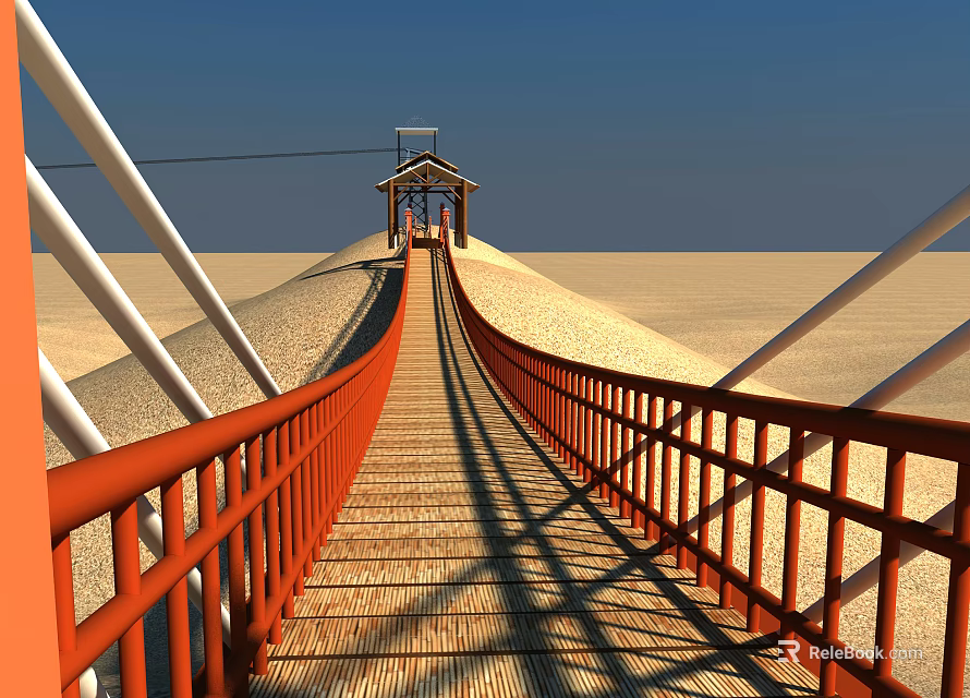 Scenic Bridge Featuring Red Railings Wooden Deck Small Pavilion And Blue Desert Sky 3d model 
