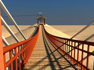 Scenic Bridge Featuring Red Railings Wooden Deck Small Pavilion And Blue Desert Sky 3d model