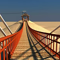 Scenic Bridge Featuring Red Railings Wooden Deck Small Pavilion And Blue Desert Sky