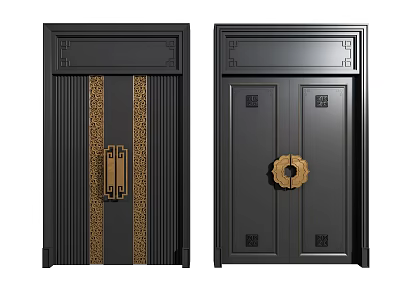 Black Chinese Style Double Doors With Golden Decorations And Traditional Handles 3d model