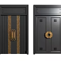 Black Chinese Style Double Doors With Golden Decorations And Traditional Handles
