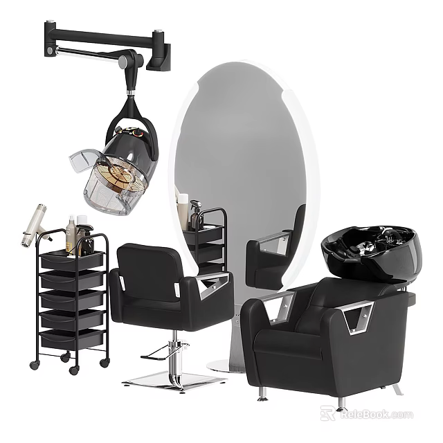Modern Hair Salon Interior Featuring Black Salon Chairs Large Mirror Hair Dryer And Shampoo Bowl 3d model 