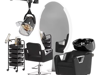 Modern Hair Salon Interior Featuring Black Salon Chairs Large Mirror Hair Dryer And Shampoo Bowl 3d model