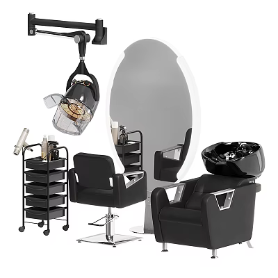 Modern Hair Salon Interior Featuring Black Salon Chairs Large Mirror Hair Dryer And Shampoo Bowl 3d model