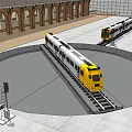Yellow And White Trains On Circular Railway Track At Station With Arched Buildings