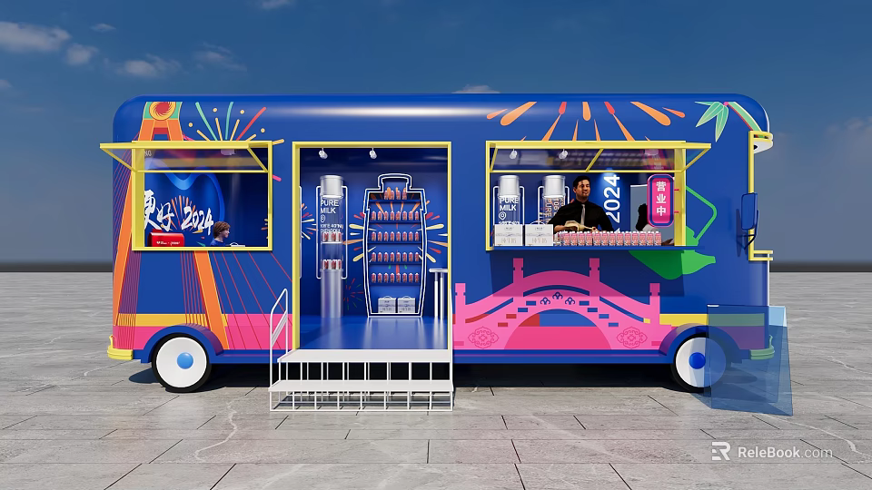 Colorful Blue 2023 Mobile Vending Truck Featuring Drink Shelves Sales Window And Decorative Bridge 3d model 