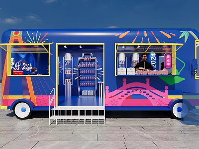 Colorful Blue 2023 Mobile Vending Truck Featuring Drink Shelves Sales Window And Decorative Bridge 3d model