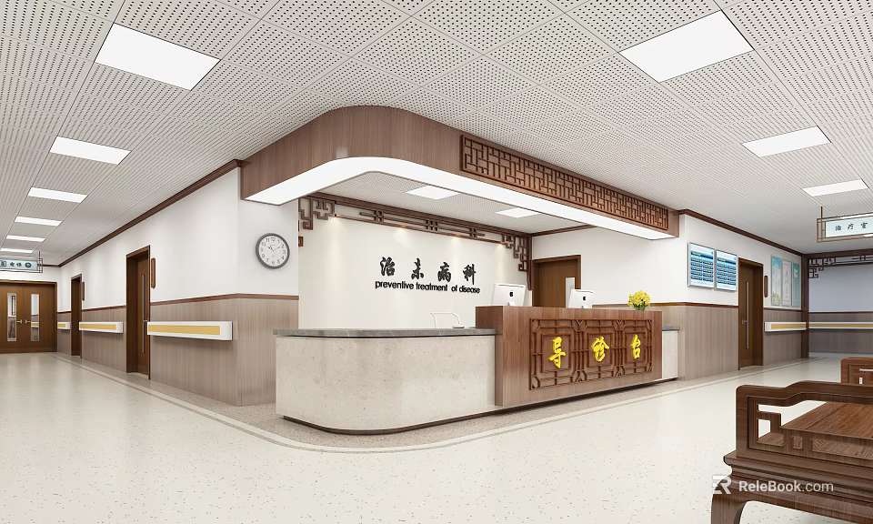 Traditional Chinese Medicine Clinic Reception Area With Wooden Decor And Wall Signage 3d model 