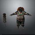 Mythical Character With Plump Body Feathered Headdress Green Red Ornaments Traditional Attire and Ornate Staff