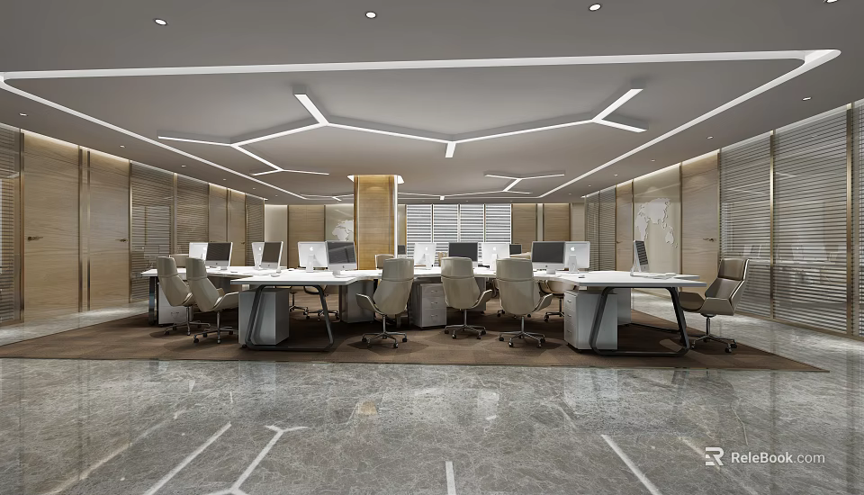 Modern Public Office Space Interior Design With Work Desks Chairs Computers And Ceiling Lighting 3d model 