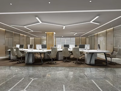 Modern Public Office Space Interior Design With Work Desks Chairs Computers And Ceiling Lighting 3d model