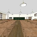 School Classroom Interior With Wooden Desks Chairs Maps Posters And Ceiling Lights