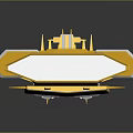 Futuristic Yellow Spaceship Model With Glossy Surface And Geometric Design On Dark Background