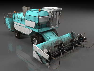 Teal wheeled agricultural harvester with large reaping mechanism and operator cabin 3d model