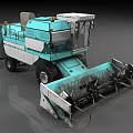 Teal wheeled agricultural harvester with large reaping mechanism and operator cabin