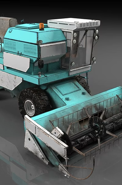 Teal wheeled agricultural harvester with large reaping mechanism and operator cabin 3d model