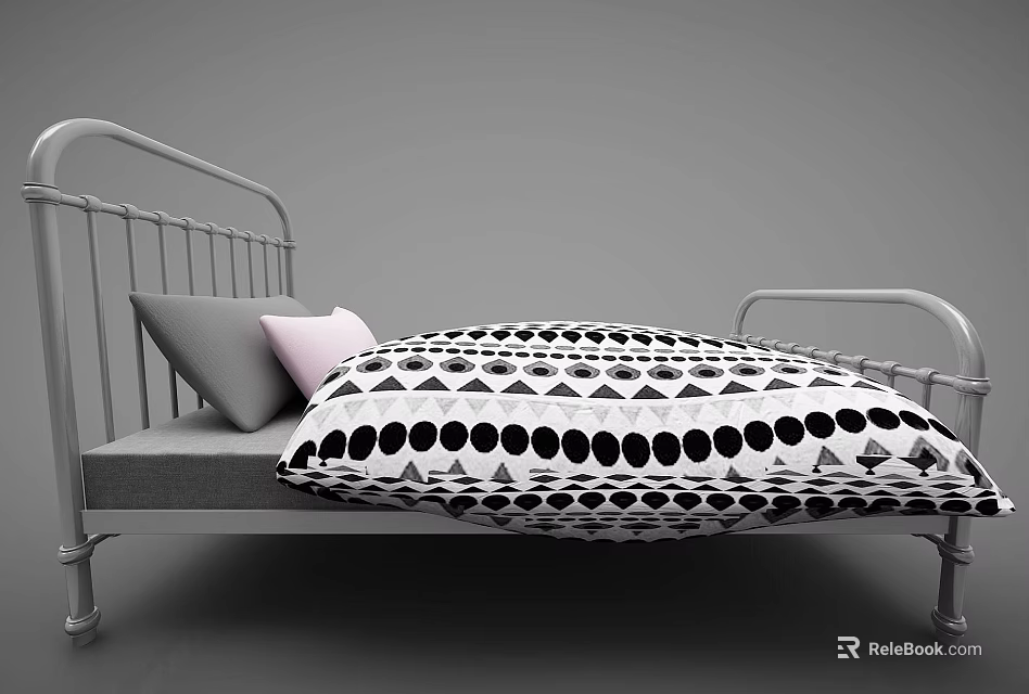 Double Bed with Metal Frame and Black White Geometric Quilt Gray Pink Pillows 3d model 