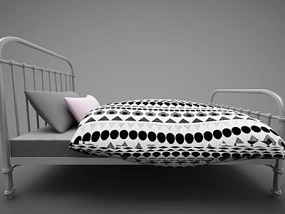 Double Bed with Metal Frame and Black White Geometric Quilt Gray Pink Pillows 3d model