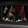 Elegant Banquet Hall With Red Curtains Green Plants White Red Flowers Chandeliers And Silver Spheres