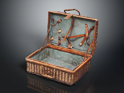 Open Woven Rattan Storage Basket With Checkered Lining And Straps 3d model
